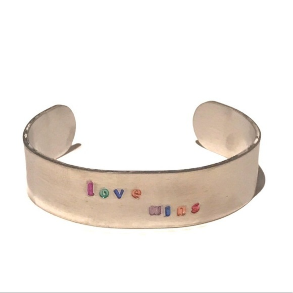 Handmade stamped LBGTQ+‎  Pride silver adjustable hypoallergenic cuff bracelet